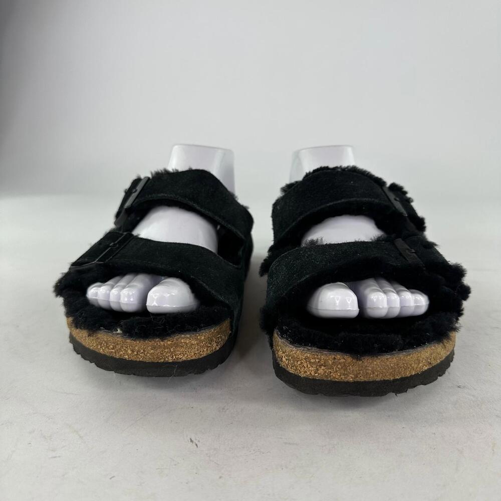 Birkenstock Arizona Shearling Sandals Sz 8 Black Suede Lined Buckle Shoes - Picture 2 of 12